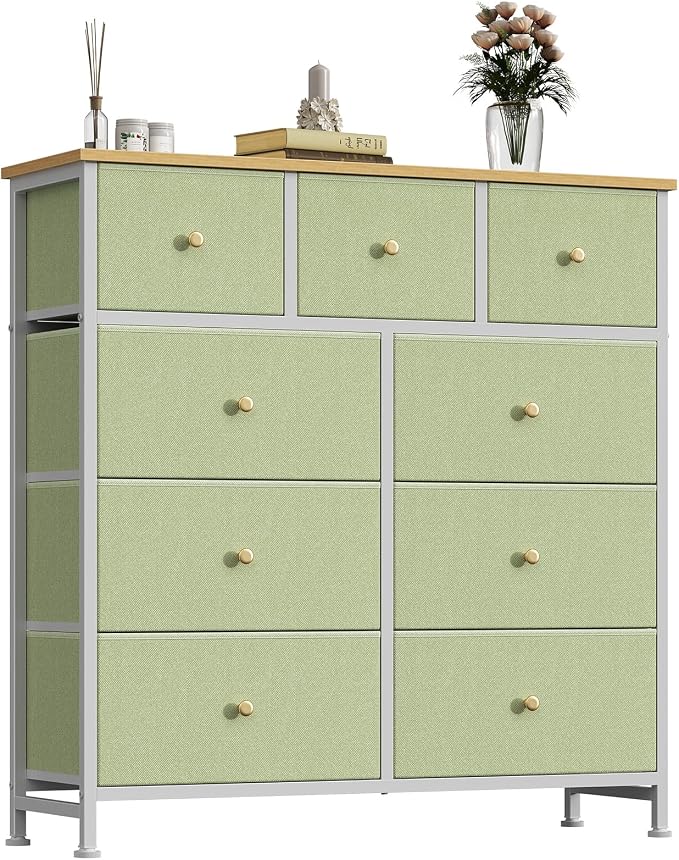 OLIXIS 9 Drawer Tall Dresser for Bedroom, Closet Organizers and Storage | Fabric Dresser with Wooden Top, Chest of Drawers for Clothes Storage, Tower Cabinet, Furniture, TV Stand, Light Green