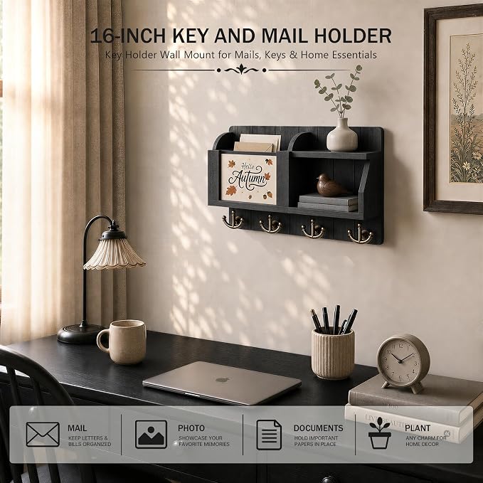 Rebee Vision Key Holder Wall Mount with Chalkboard for Entryway, Black | Key Holder for Wall, 4 Key Hooks, Floating Shelf, Key Hanger, Mail Organizer, Storage for Letters, Notes, Stylish Home Decor