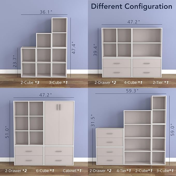 Homes: Inside + Out Apexa 4-Cube Storage Organizer Shelves, Stackable Wood Bookcase Fits Cubby Bins for Organization, Dorm Teen Room Decor & Home Office, Taupe Grey