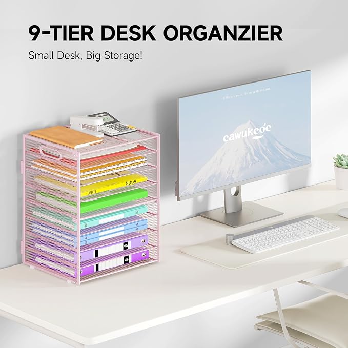 Cawukege 9 Tier Paper Organizer with Handle, Large Capacity Desk Organizer Mesh Paper Letter Tray File Folder Document Sorter for Classroom and Office Accessories Organization- Pink (2 Pack)