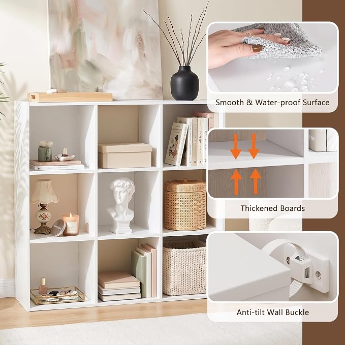 9 Cube Storage Organizer, White Cube Bookshelf, Multifunctional Bookcase | Cube Storage Organizer with Open Back and Removable Back Panels, Stackable Vertical or Horizontal Easy Assembly for Bedroom