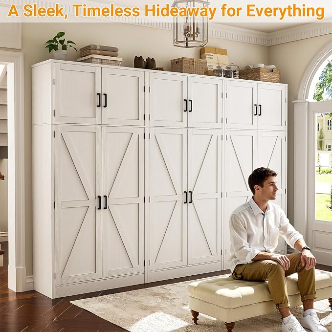 Unikito 71” Tall Kitchen Pantry Cabinet with Adjustable Shelves, 2 Pack | Large Farmhouse Storage Cabinets, Barn Doors, Sturdy and Deep, Versatile for Dinning Room, Living Room, Office, White