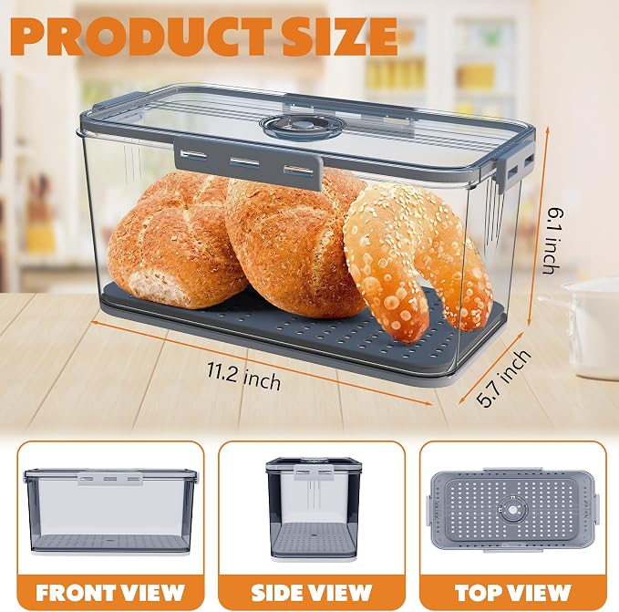 Honbuty 2PCS Bread Boxes,Bread Box for Kitchen Counter Airtight,Time Recording Bread Storage Container with Lid, Bread Keeper for Homemade Bread, Toast, Bagel, Donut and Cookies (Grey)