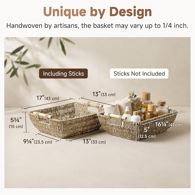 StorageWorks Hand-Woven Jumbo Storage Baskets with Wooden Handles, Seagrass Wicker Baskets for Organizing, 2-Pack
