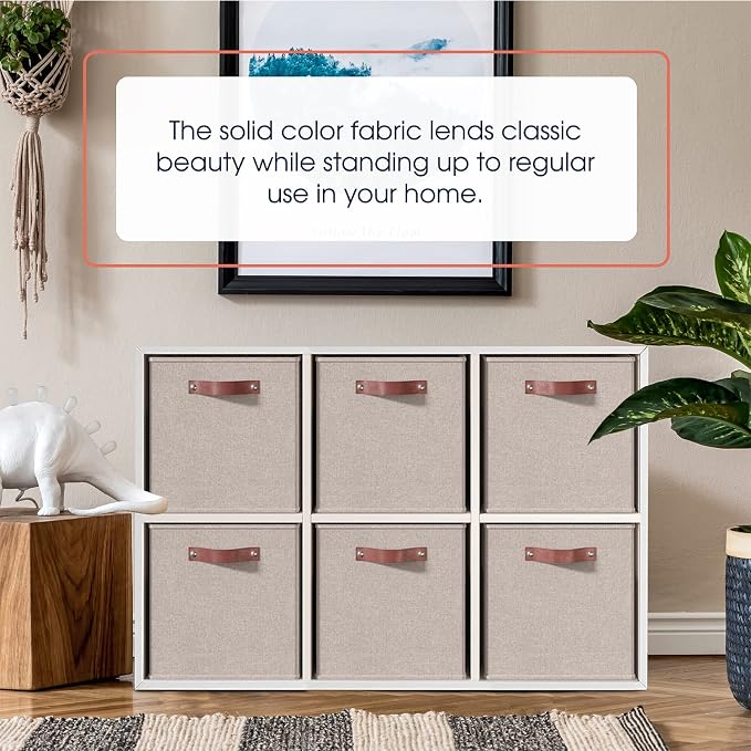 Ornavo Home 13x15x13 Foldable Fabric Storage Cube Bins, 6 Pack, Beige | Collapsible Linen Shelf Basket Organizer; Leather Handles; Fits Cube Storage Shelving Units