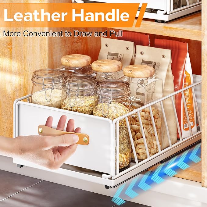 Pull out Cabinet Organizer,Heavy Duty Slide out Pantry Shelves Drawer Storage with Adhesive Nano Film,Sliding Mesh Cabinet Basket with Handle for Kitchen, Bathroom, Home, 11.8W" X 15.7"D X 6.2"H,White