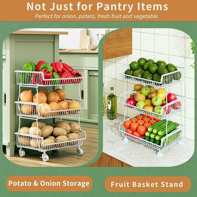 OKZEST Pantry Organizers and Storage Cart with Upgraded Metal Hub Casters | Fits under pantry shelf, Stackable fine-mesh wire baskets, 3-Tier rolling cart holds drink, snack, can, potato, onion, fruit