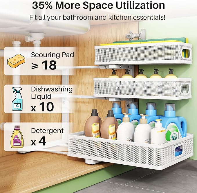 Kitstorack Under Sink Organizer, 2-Pack 3-Tier Height Adjustable Thickened Metal Pull out Cabinet Organizer Shelf, Slide out Storage Drawer Rack for Bathroom Kitchen Pantry Home Laundry Organization