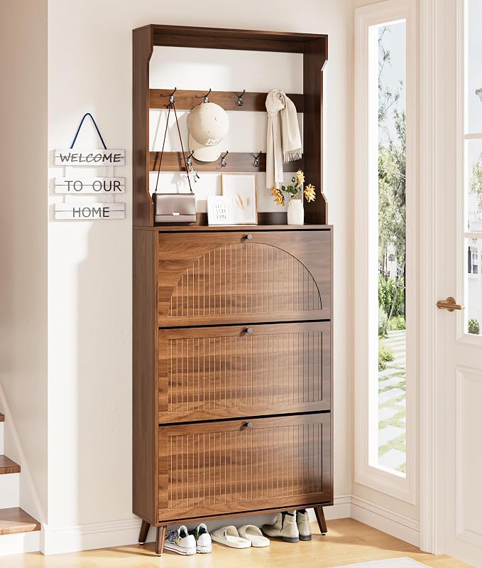 Fsbecl Shoe Storage Cabinet with 3 Fluted Flip Drawers & Coat Rack, Walnut | Slim Freestanding Shoe Organizer with Hidden Storage, Adjust Shelves, Wooden 2-in-1 Hall Tree for Entryway Foyer, 18-24 Pairs
