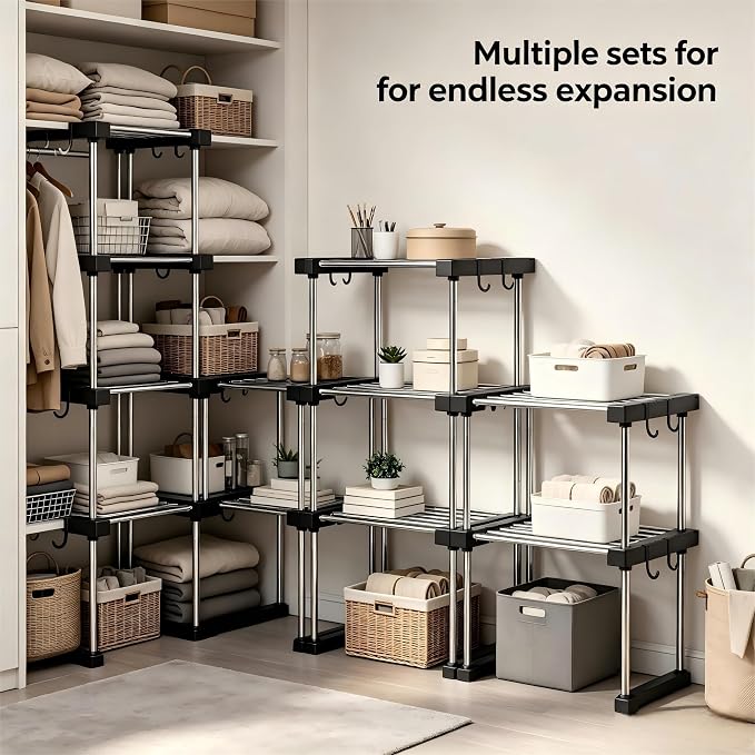 BLULEE Expandable Under Sink Organizer, 2-Tier Adjustable Storage Shelf | Heavy-Duty Stainless Steel Cabinet Rack for Kitchen Pantry & Bathroom Vanity, Stackable Organization System