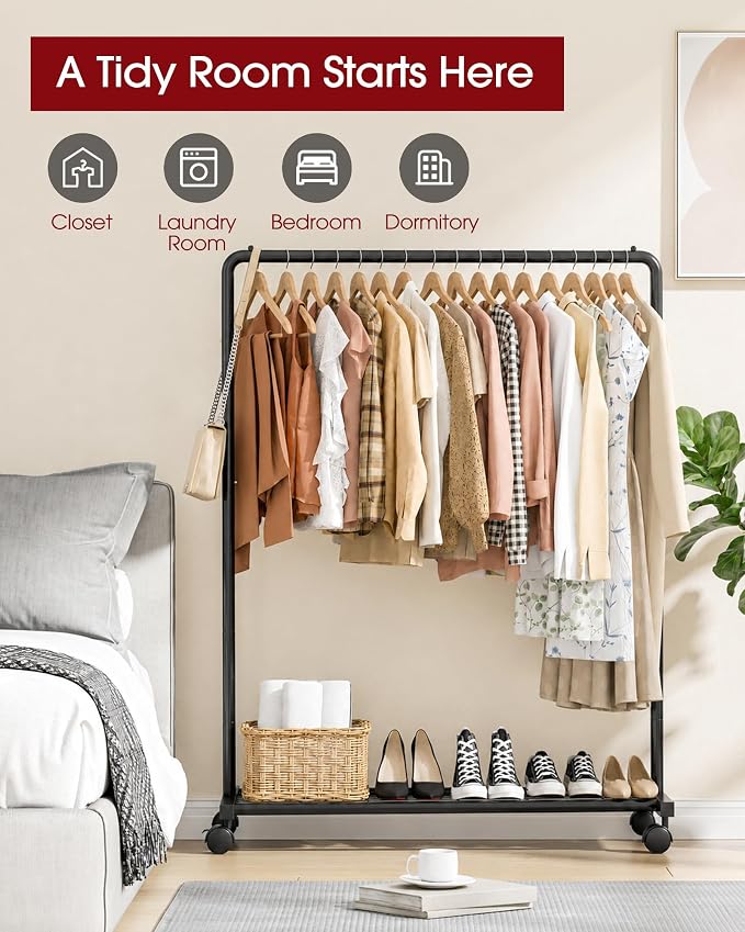 Sakugi Clothes Rack - Clothing Rack with Storage Mesh Shelf & Casters, Heavy-Duty Metal Clothing Rack for Hanging Clothes, Dresses, Coats, Large Load Capacity, Easy Assembly, Black, 44.3"x16.9"x59.0"