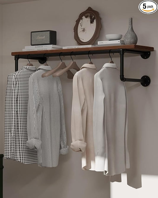 Clothes Rack 36in, Wall Mounted Garment Racks with Brown Real Wood Shelf, Heavy Duty Hanging Clothes Rack, Multi-Purpose Hanging Rod, Space-Saving Closet Storage