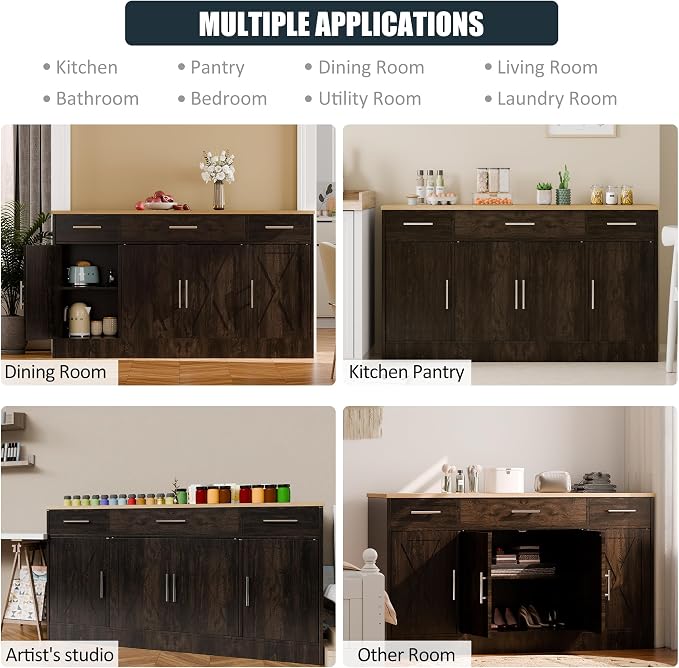 Kitchen Buffet Sideboard Cabinet, Farmhouse Storage Cabinet with 4 Doors and 3 Drawers, Wooden Base Cabinet with Adjustable Shelf for Living Room, Brown