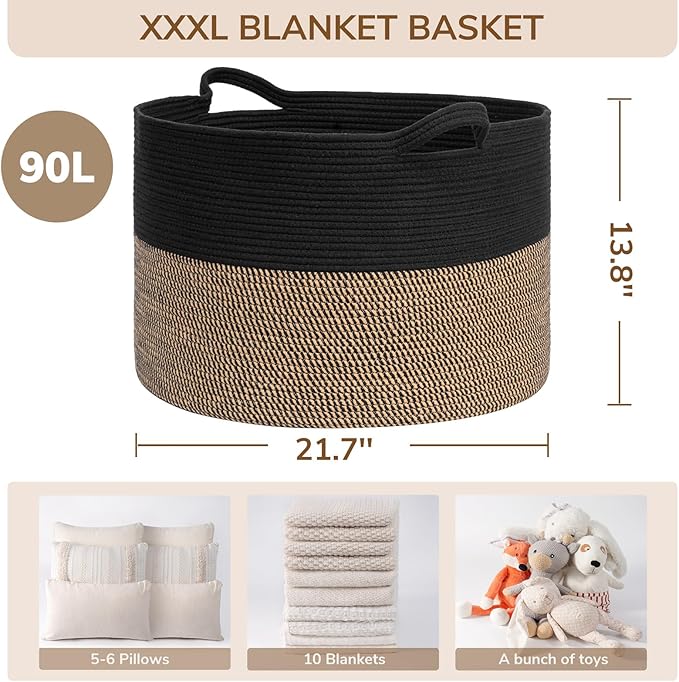 INDRESSME XXXLarge Woven Rope Blanket Basket Living Room Mix Black, 90L | 21.7" x 13.8" Storage baskets for toys laundry & pillows. Fits living room, bedroom or nursery décor. Soft-touch with handles