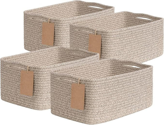 Goodpick 4 Pack Woven Rope Storage Baskets for Shelves, Brown | 13" x 8" x 6", Rectangle Design, Reinforced Handles, Shelf & Closet Organization, Baby Toys, Books, Gifts & Nursery Storage
