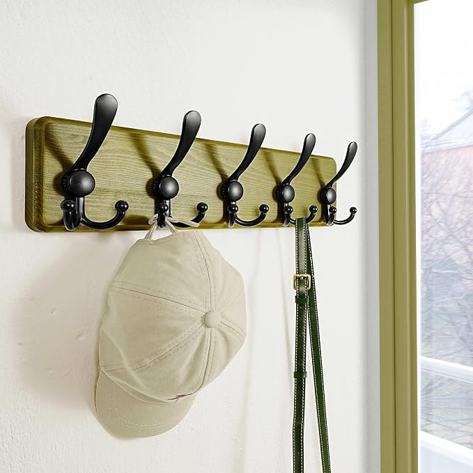 Wall Mount Coat Hanger - Heavy-Duty Robust Barnwood-Style Wooden Hook Rail with 5 Triple Hooks for Winter Coats, Hats, Jackets, Weathered Green & Black