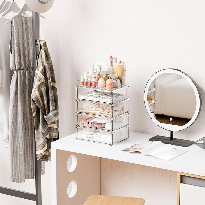 Yieach Clear Acrylic Makeup Organizers Countertop for Dresser,Desk,Bathroom Vanity,4 Tier Stackable Make up Holders and Makeup Cabinet,Tiered Cosmetic Storage and Make up Containers for Palette,Brush