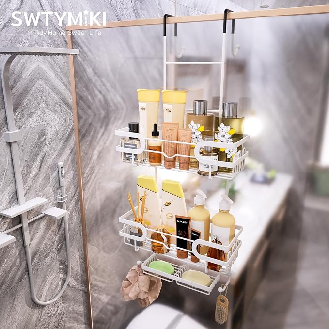SWTYMIKI Over The Door Shower Caddy With Double Soap Holder, Hanging Shower Caddy With 16 Hooks, No Drilling Hanging Shower Organizer Over Door To Organize Bathroom Essentials, White