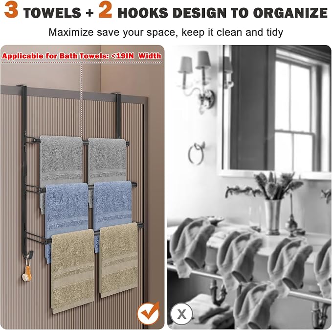 Livabber 3-Tier Over The Door Towel Rack, All Metal Towel Rack with Hooks for Door Hanging, Behind Door Towel Bar Towel Storage Holder for Bathroom Accessories, Black (19.37" L x 5.9" W x 24.4" H)