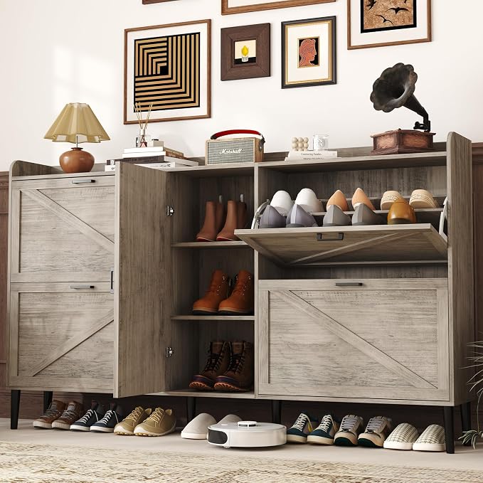 HOMEFORT Large Shoe Cabinet with 4 Flip Drawers, Farmhouse Narrow Shoe Organizer Cabinet for Entryway, Hidden Shoe Rack with Adjustable Side Cabinet for Boot Storage,6 Wood Legs, Washed Gray