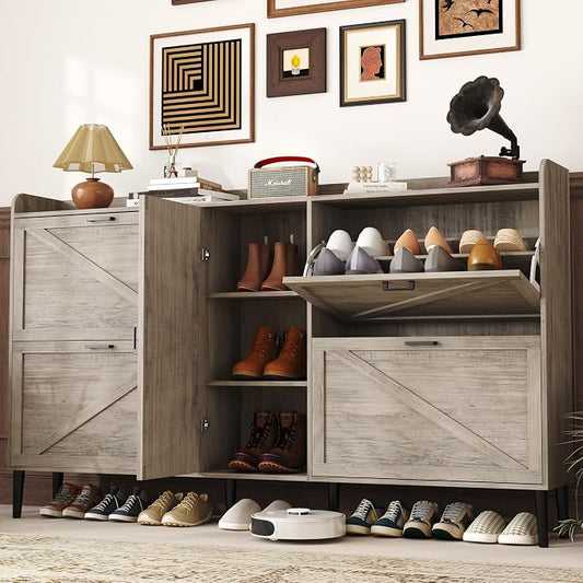 HOMEFORT Large Shoe Cabinet with 4 Flip Drawers, Farmhouse Narrow Shoe Organizer Cabinet for Entryway, Hidden Shoe Rack with Adjustable Side Cabinet for Boot Storage,6 Wood Legs, Washed Gray