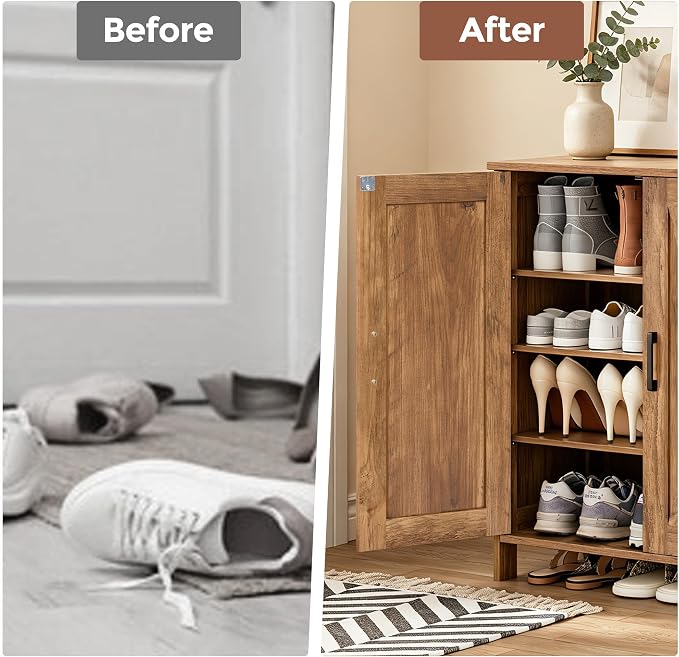 Homleke Farmhouse Shoe Cabinet with 2 Barn Doors & Wood Legs | Tall 4-Tier Shoe Storage Cabinet, 3 Adjustable Shelves, Shoe Rack Organizer, for Entryway, Hallway, Closet, Rustic Walnut