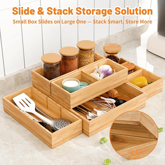 Bamboo Drawer Organizer, 5-Piece Stackable Trays with Removable Dividers | Junk drawer organizer, assorted tray sizes, 5-11 customizable compartments, nestable, kitchen utensils, bathroom, office
