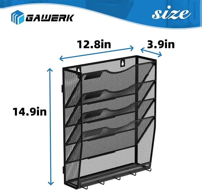 Gawerk 5-Tier Hanging Wall File Organizer with 5 Hooks - Wall Mounted Mail Paper Document Folder Holder, Sturdy Mesh Magazine Rack for Office Home