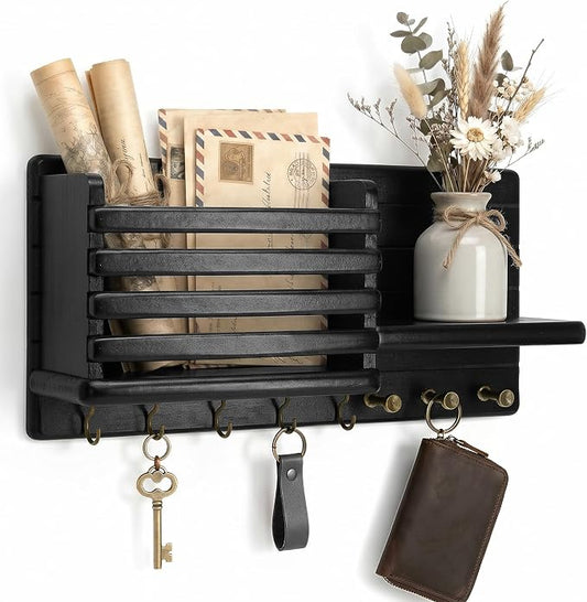 Rebee Vision Key Holder Wall Mount with 8 Key Hooks for Rome Decor, Black | Pine Wood, Key Holder for Wall, Mail Slot, Key Hanger for Keys, Shelf for Plant, Entryway Mail Organizer, Home Improvement
