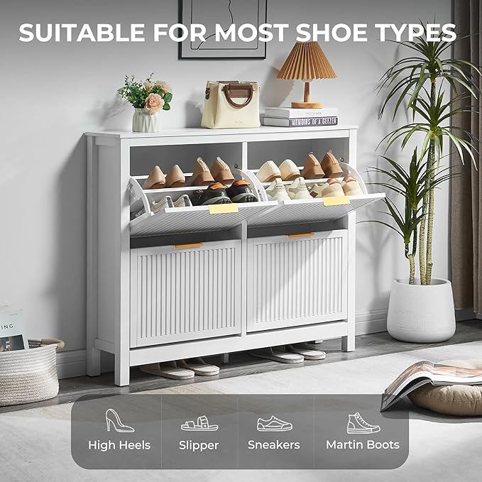 4-Flip Drawer Shoe Cabinet Narrow Entryway Rack, White | Vertical Wood Grain, Metal Handles, Adjustable Compartments, Removable Shelf, Anti-Tip Device, for Hallway Foyer Entryway