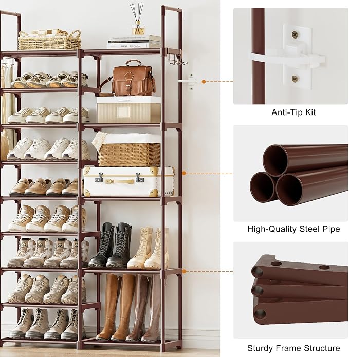 WOWLIVE 9 Tier 2-Column Shoe Rack, 30-35 Pairs Stackable Brown | Compact 33.75in long fits narrow spaces. Removable layers for boots/heels. Split design for flexible layout.