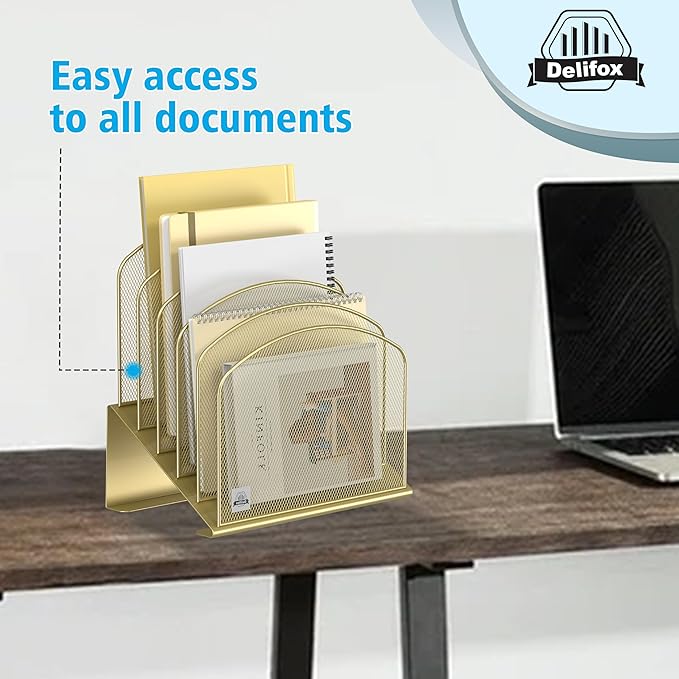 Delifox Inclined Desk File Organizer,Vertical File Folder Holder Stand Metal Rack File Sorter for Office Classroom Desktop Organization (2, Gold, 5)
