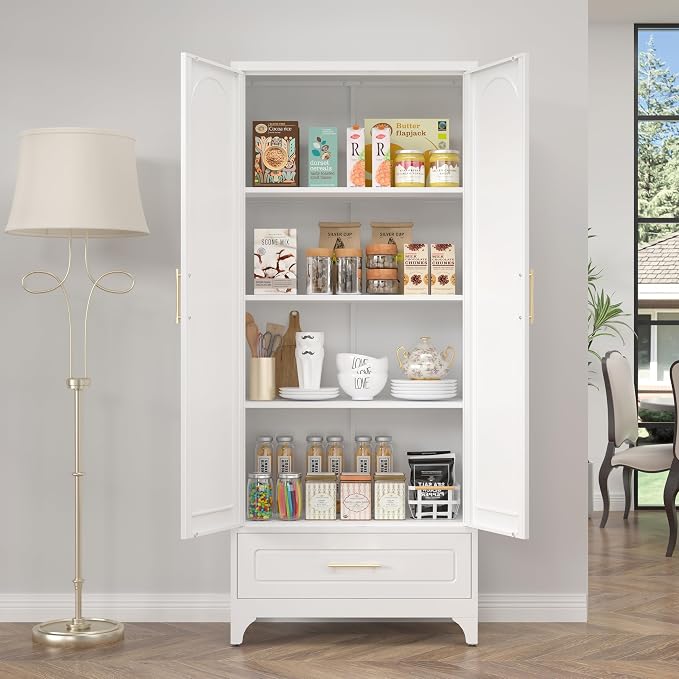 SteeLoong 75”Kitchen Pantry Cabinet, Metal Storage Cabinet with Drawer | White Pantry Cabinets for Kitchen Storage with 3 Adjustable Shelves,Tall Freestanding Cupboard for Living Room,Kitchen,Garage