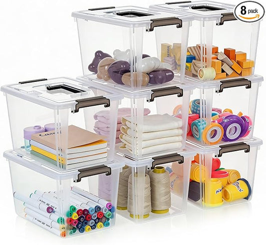 Citylife 8 Packs 6 QT Plastic Storage Bins with Latching Lids Clear Storage Box with handle Stackable Storage Containers for Organizing Snacks, Crafts, Toys, Tools