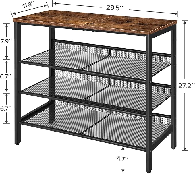 HOOBRO Shoe Rack for Entryway, 4-Tier Shoe Organizer with Adjustable Mesh Shelves, 12-16 Pairs of Shoes, Spacious Floor Mount, Metal, Industrial, Shoe Shelf for Closet, Rustic Brown BF42XJ01
