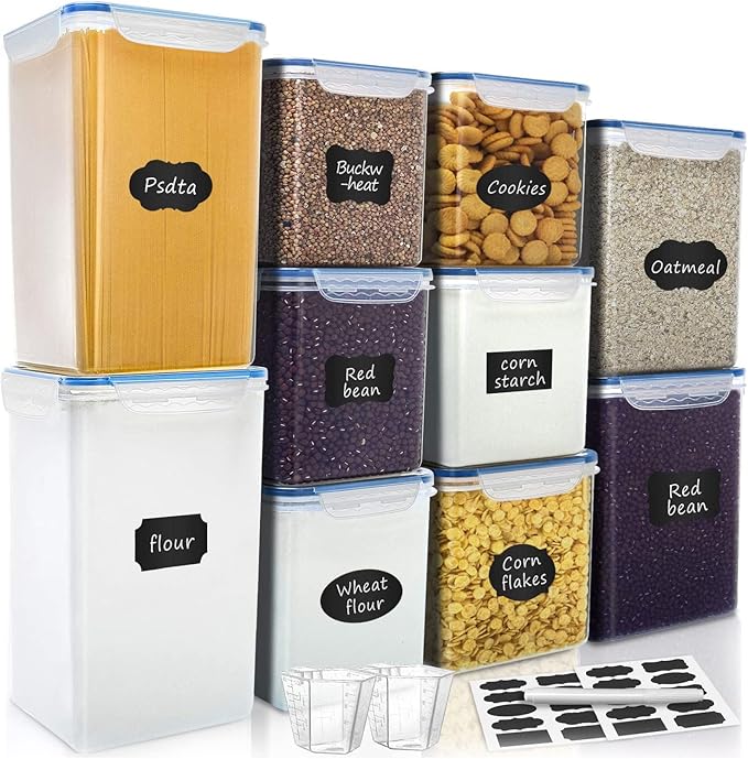 VERONES Large Tall Airtight Food Storage Containers, 10 PACK Containers Set | Plastic Airtight Kitchen & Pantry Organization, Ideal for Flour & Sugar Plastic Canisters with Labels