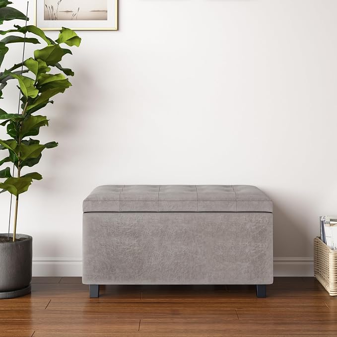 SIMPLIHOME Cosmopolitan 34" Wide Vegan Leather Storage Ottoman in Soft Blue | Distressed grey taupe, transitional storage ottoman with tufting and lift-up lid; rectangle storage bench for living room.
