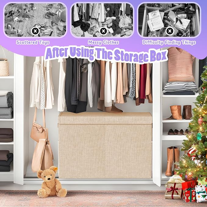 Large Toy Storage Box with Lid, Dividers, Collapsible Kids Toy Chest, Beige | Toy Box for Boys, Girls, Nursery, Bedroom, Living Room, Playroom, 25 x 13 x 16 inches
