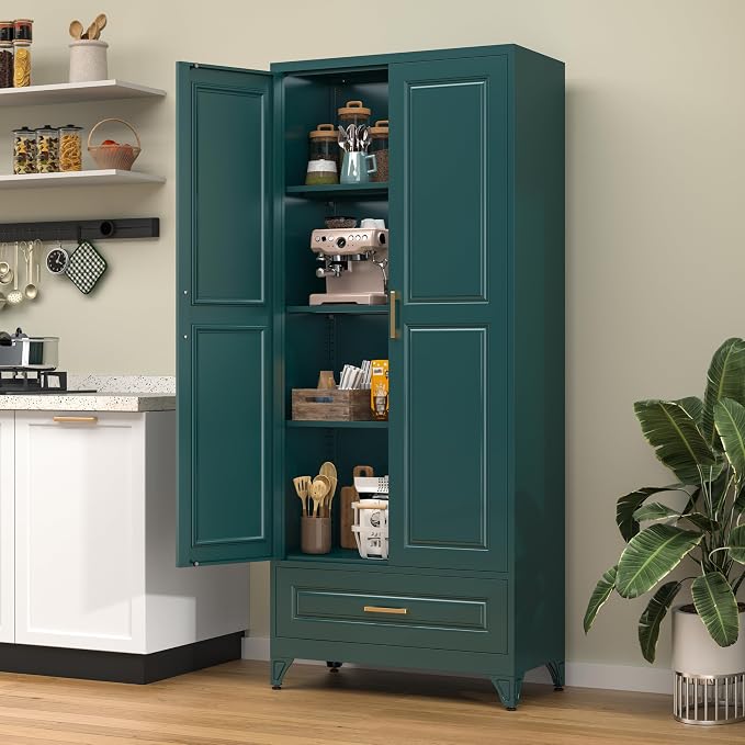 IMELESS Pieces 75" Tall Metal Storage Cabinet with Drawers & Doors,Green | Freestanding Steel Kitchen Pantry Cabinet, 3 Adjustable Shelves (180 Lbs Load), Tall Cabinets for Home, Office and Garage