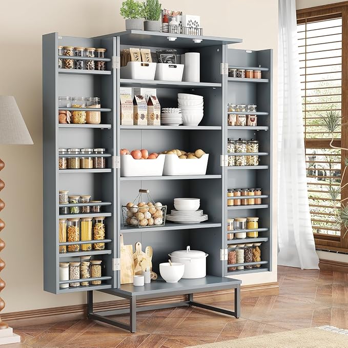 kepptory 51" Pantry Cabinet with Diamond-Patterned Doors and Golden Handles, Freestanding Kitchen Storage Cabinet with 17 Shelves, Tall Metal Base, Adjustable Feet, Grey
