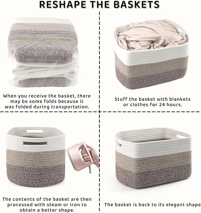 4 Pack Large Storage Baskets for Organizing, 16''Lx12''Wx8''H Woven Baskets for Storage Toys, Towels, Books, and Clothes, Cotton Rope Basket for Shelves with Handle