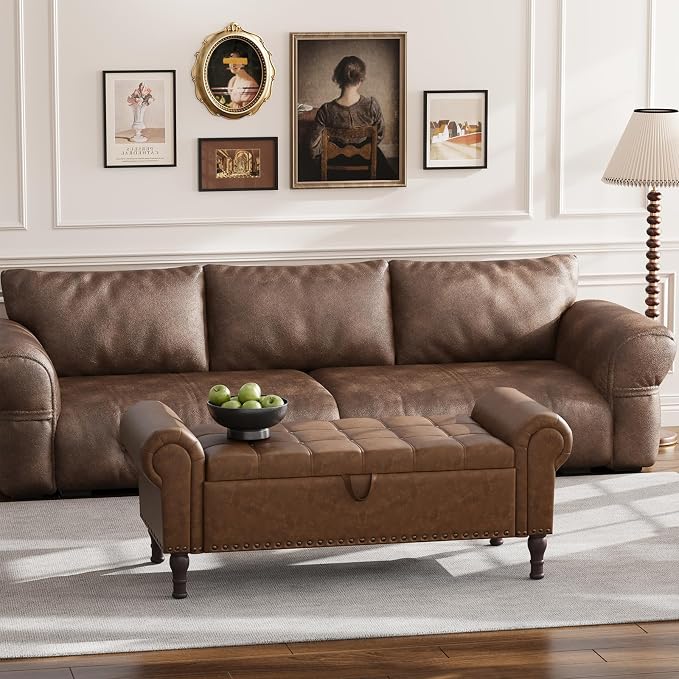 Apicizon 51” Bench with Storage, Upholstered Tufted Button Bedroom Bench with Storage, Faux Leather Ottoman Bench for Bedroom, Living Room, Entryway, Yellow Brown