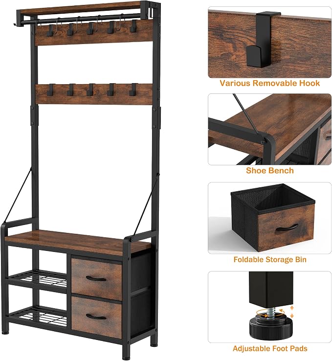 Hall Tree with Bench and Shoe Storage, 31.5” Coat Rack Freestanding | Rustic Brown, 5 in 1 Intelligent Design, 17 Hooks, 2 Drawers, Handy Clothes Rail