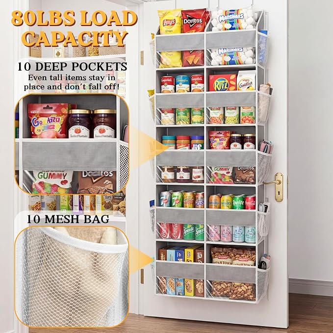 Ofiray-home 5-Tier Over Door Organizer, 10-Compartment Wide Storage Rack | 20" wide, 80 lbs for heavy family use, 10 side pockets, fits doors for closet, nursery, entryway, dorm, RV, laundry room
