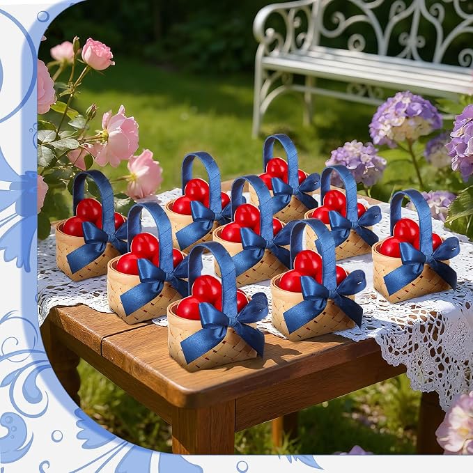12 Pcs Mini Flower Girl Basket Mini Woven Baskets with Handles Wood Chip Flower Fruit Picnic Holder with Dark Blue Ribbon Chip Bucket for Wedding Party Gifts Baby Shower Birthday Decoration