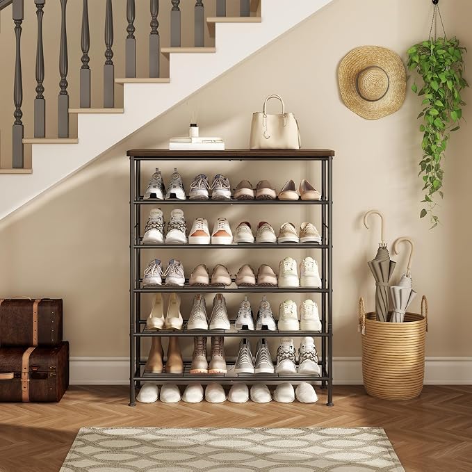 SUOERNUO 6 Tier Shoe Rack Organizer for Closet Shoe Storage for Entryway | Free Standing with MDF Top Board,Sturdy Metal Frame,Ideal for Living Room,Hallway Black