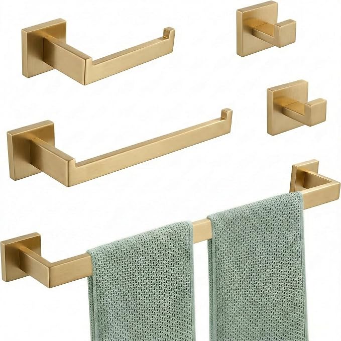 5-Piece Bathroom Hardware Set, 23.6 in Towel Bar, Brushed Gold | 304 stainless steel, towel ring, toilet paper holder, 2 robe hooks, wall-mounted, installation hardware included
