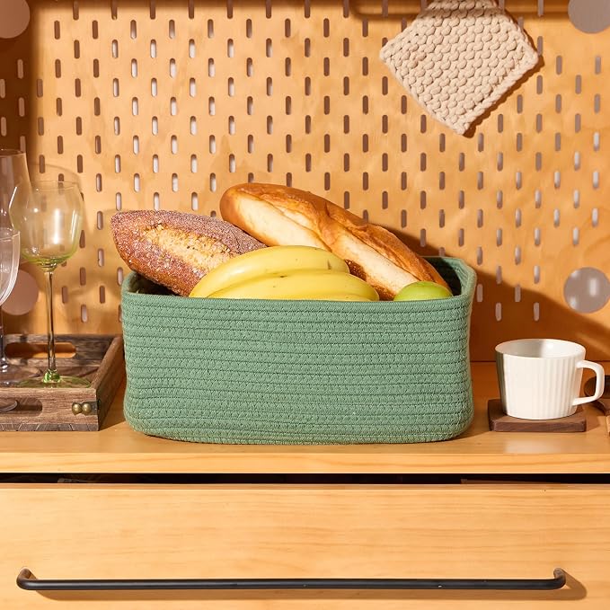 MiniArk Small Storage Baskets for Organizing | Closet Organizer Bins | Shelf Toy Basket | Woven Rope Baskets | Cube Decorative Box | Shallow Basket | 13x8.5x5.1” | 3 Packs Green