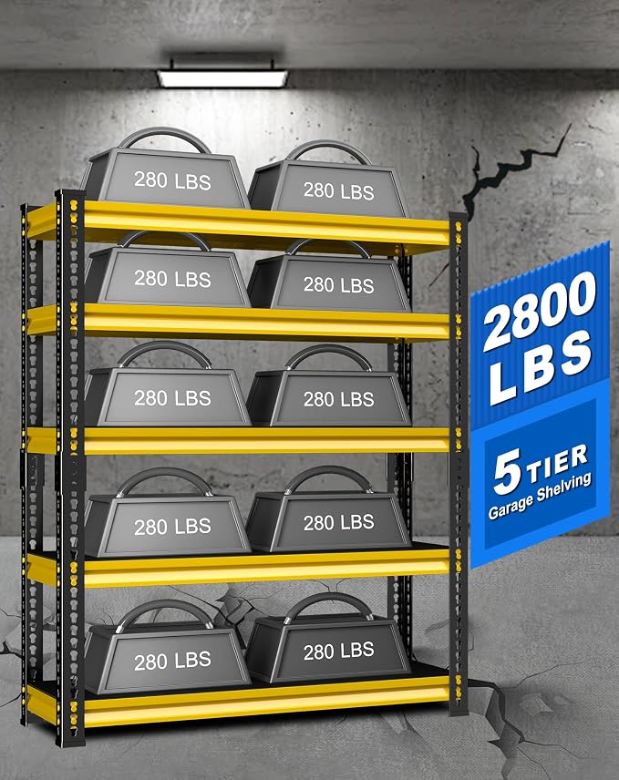 48" W Garage Storage Shelves Heavy Duty, 2800LBS Loads Adjustable Garage Shelving, 5-Tier Metal Shelving Units and Storage Racks, Industrial Utility Shelf,48''Wx18''Dx78''H, Yellow