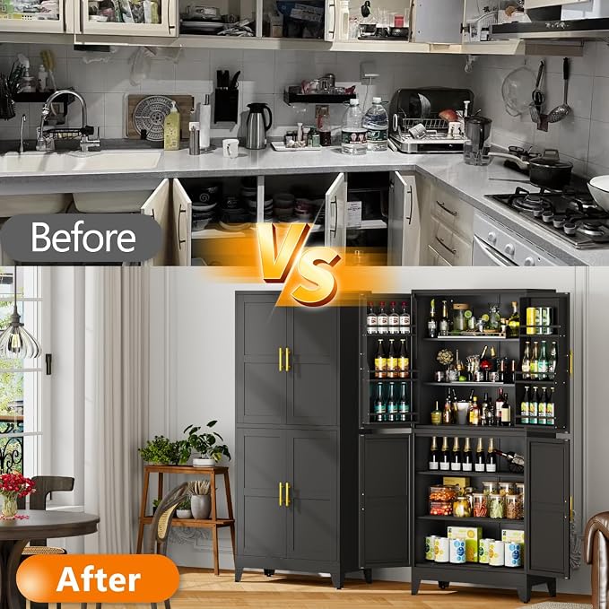 GAIOUS 74.8" Tall Metal Food Cabinet, Black Kitchen Pantry Cabinet Cupboard | Food Storage, Kitchen Organizer, Storage Cabinet with 4 Door and 4 Adjustable Shelves, Steel Freestanding, for Dining Living